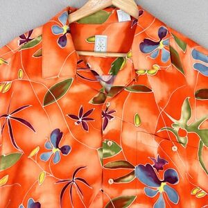 Burma Bibas Aloha Camp Shirt Mens Medium Orange Floral Abstract Retro Silk VTG